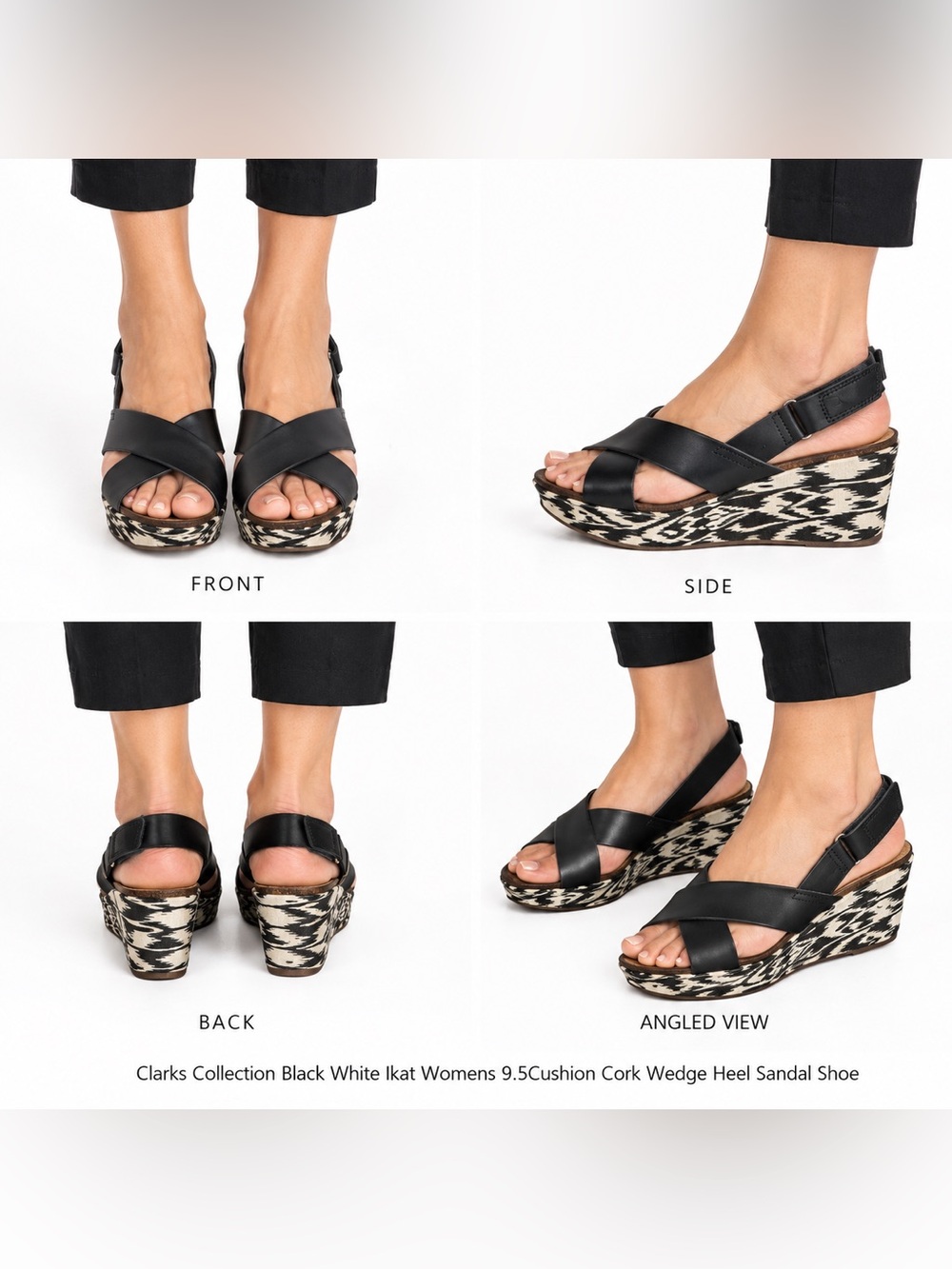 Clarks Collection Black White Ikat womens cushion cork wedge heel sandal Sz 9.5